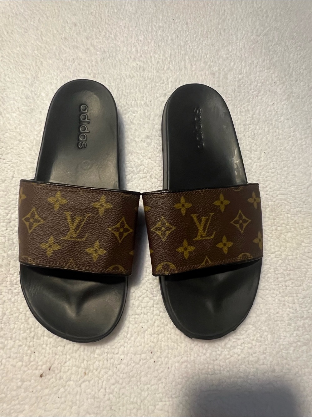 LV canvas w Adidas bottoms.Hand Crafted Brown and Gold Monogram Slide Sandals